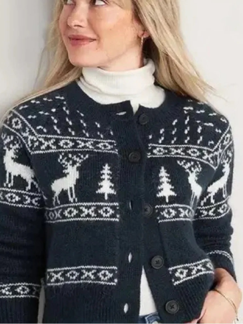 Old Navy Dark Navy and White Fair Isle Button-Front Women's Sweater - size XL
